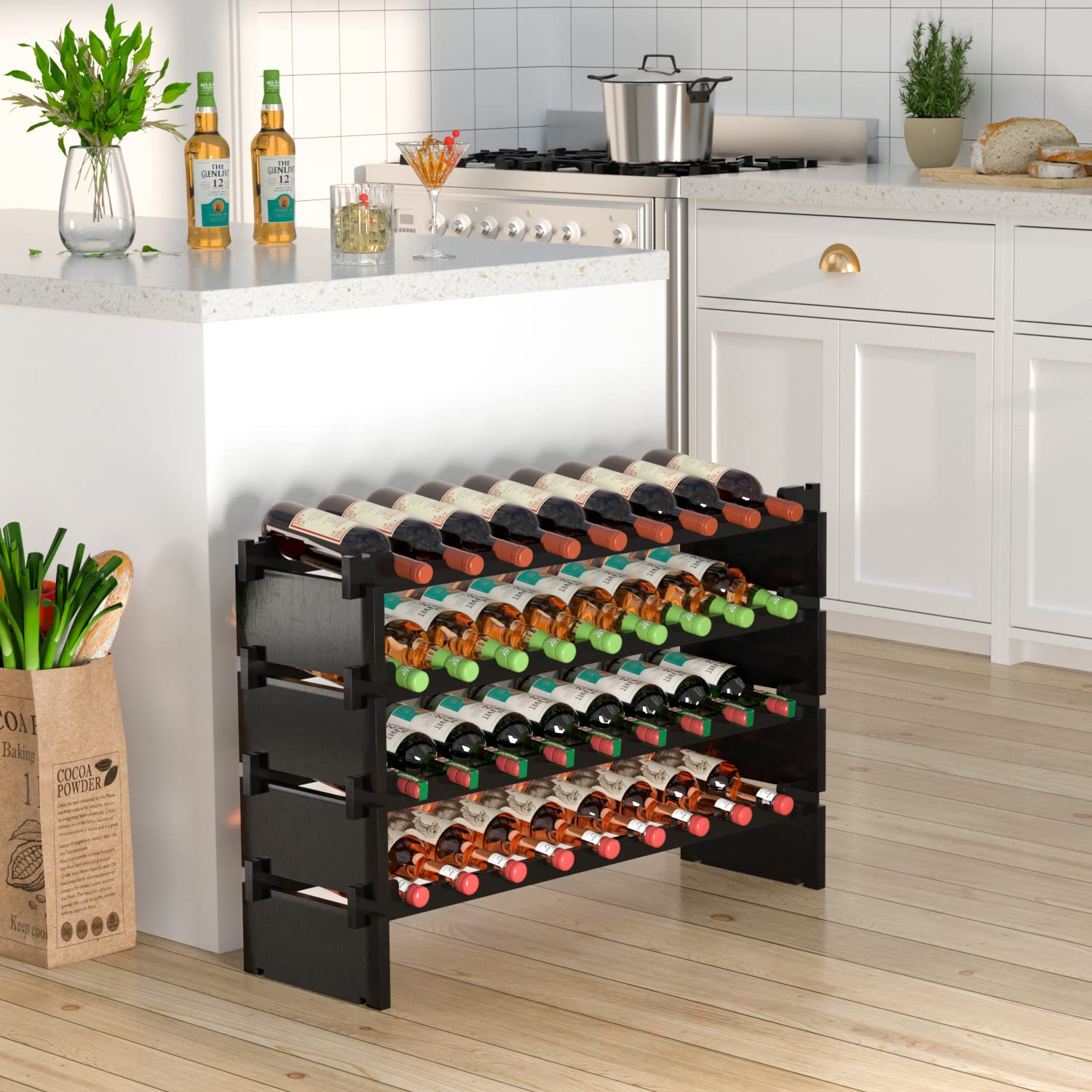 Domax Wine Rack Freestanding Floor - 4 Tiers Stackable Wine Rack 36 Bottle Wine Bottle Holder， Bamboo Wine Holder Wine Storage for Kitchen, Bar, Pantry, Wine Cellar and Countertop (Black)