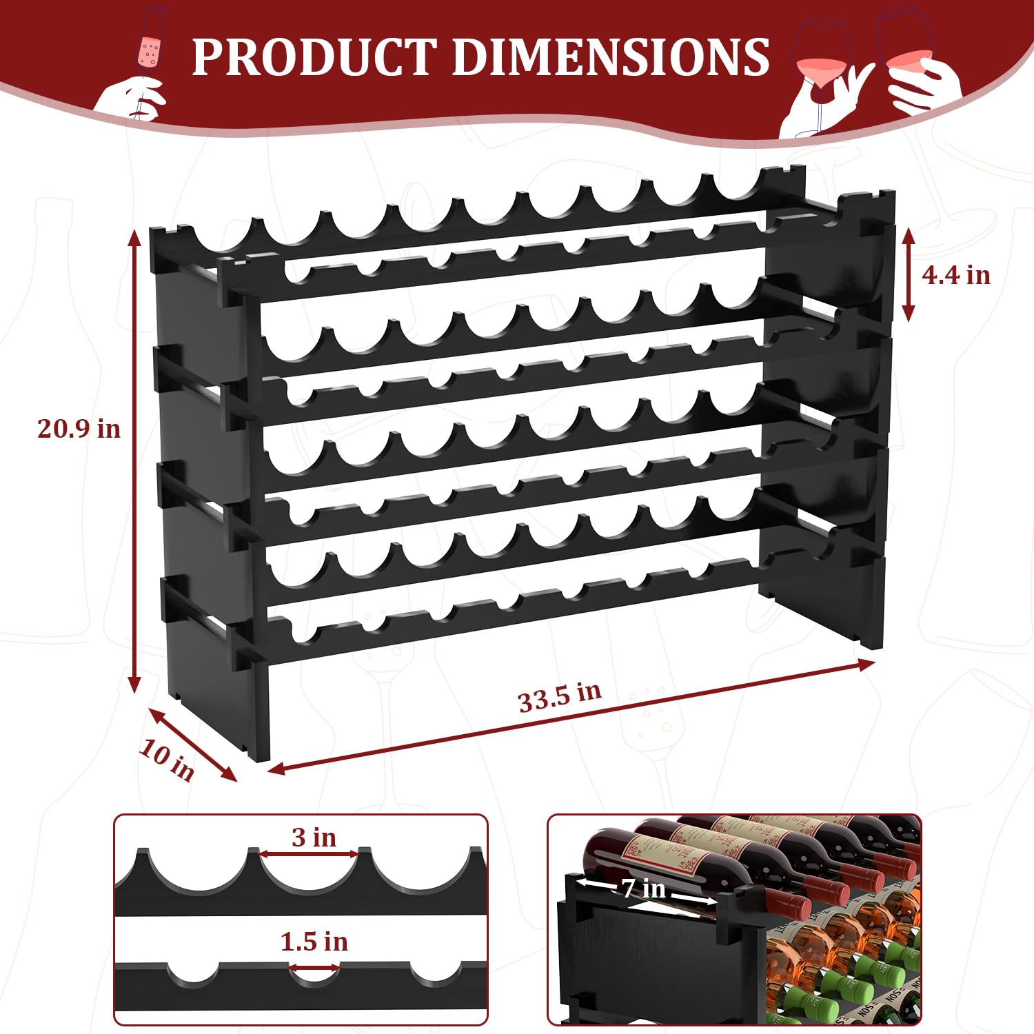 Domax Wine Rack Freestanding Floor - 4 Tiers Stackable Wine Rack 36 Bottle Wine Bottle Holder， Bamboo Wine Holder Wine Storage for Kitchen, Bar, Pantry, Wine Cellar and Countertop (Black)