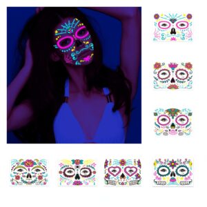 beilingdun halloween & day of the dead sugar skull glowing temporary face tattoos (8 packs),roses spider net and floral black skeleton web red roses full face mask tattoo for the halloween &night party
