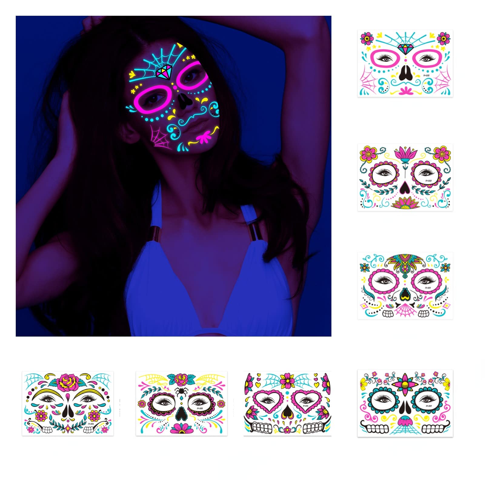 Beilingdun Halloween & Day of the Dead Sugar Skull Glowing Temporary Face Tattoos (8 Packs),Roses Spider Net and Floral Black Skeleton Web Red Roses Full Face Mask Tattoo for the halloween &Night Party