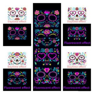 Beilingdun Halloween & Day of the Dead Sugar Skull Glowing Temporary Face Tattoos (8 Packs),Roses Spider Net and Floral Black Skeleton Web Red Roses Full Face Mask Tattoo for the halloween &Night Party