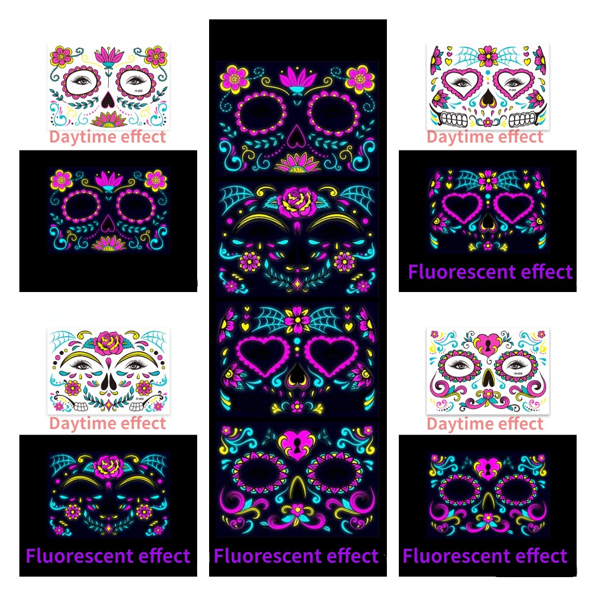 Beilingdun Halloween & Day of the Dead Sugar Skull Glowing Temporary Face Tattoos (8 Packs),Roses Spider Net and Floral Black Skeleton Web Red Roses Full Face Mask Tattoo for the halloween &Night Party