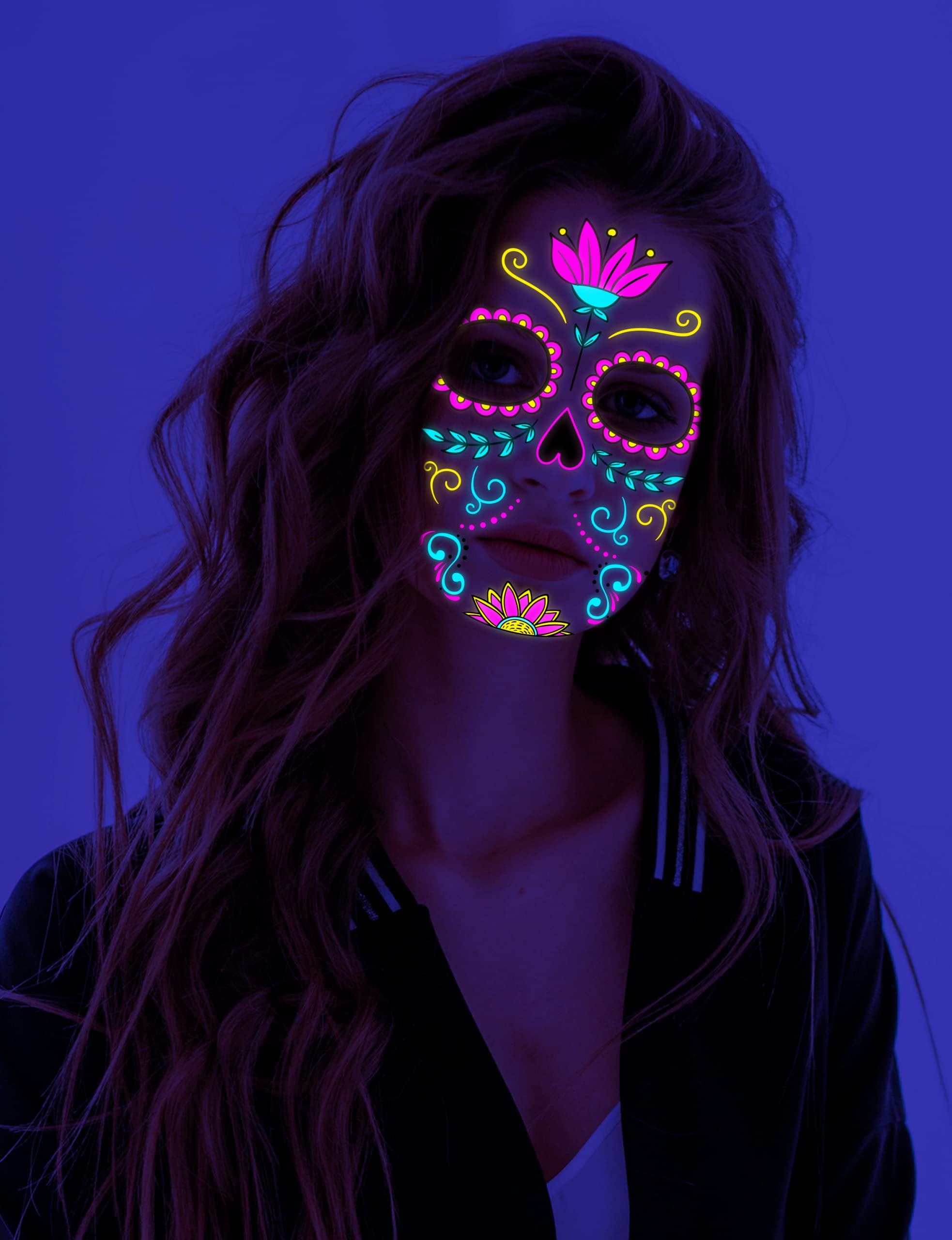 Beilingdun Halloween & Day of the Dead Sugar Skull Glowing Temporary Face Tattoos (8 Packs),Roses Spider Net and Floral Black Skeleton Web Red Roses Full Face Mask Tattoo for the halloween &Night Party