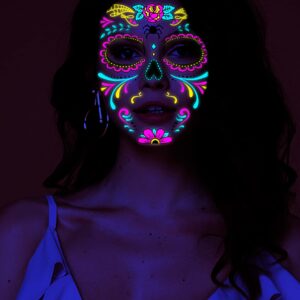 Beilingdun Halloween & Day of the Dead Sugar Skull Glowing Temporary Face Tattoos (8 Packs),Roses Spider Net and Floral Black Skeleton Web Red Roses Full Face Mask Tattoo for the halloween &Night Party