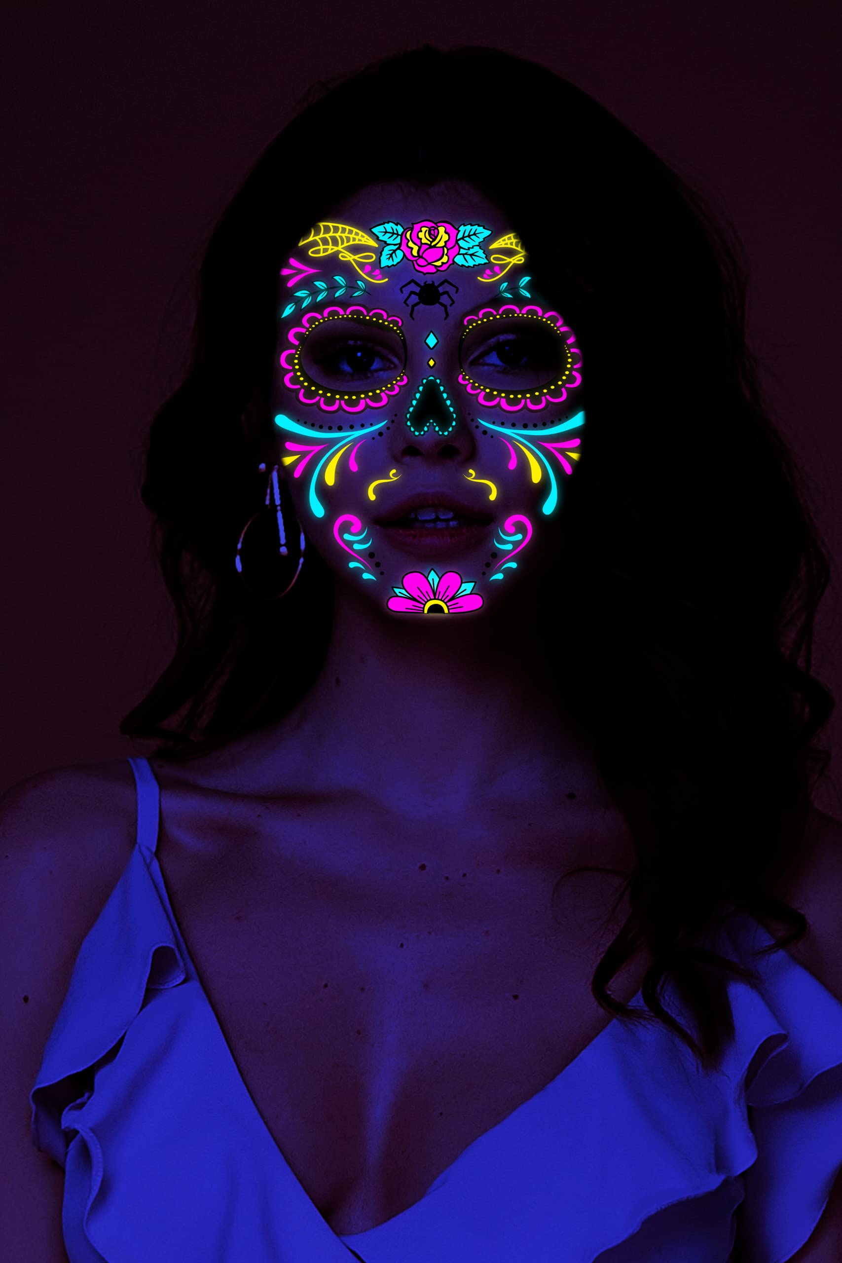 Beilingdun Halloween & Day of the Dead Sugar Skull Glowing Temporary Face Tattoos (8 Packs),Roses Spider Net and Floral Black Skeleton Web Red Roses Full Face Mask Tattoo for the halloween &Night Party