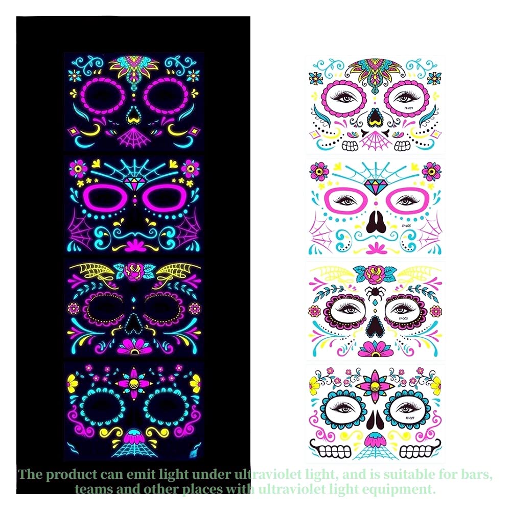 Beilingdun Halloween & Day of the Dead Sugar Skull Glowing Temporary Face Tattoos (8 Packs),Roses Spider Net and Floral Black Skeleton Web Red Roses Full Face Mask Tattoo for the halloween &Night Party