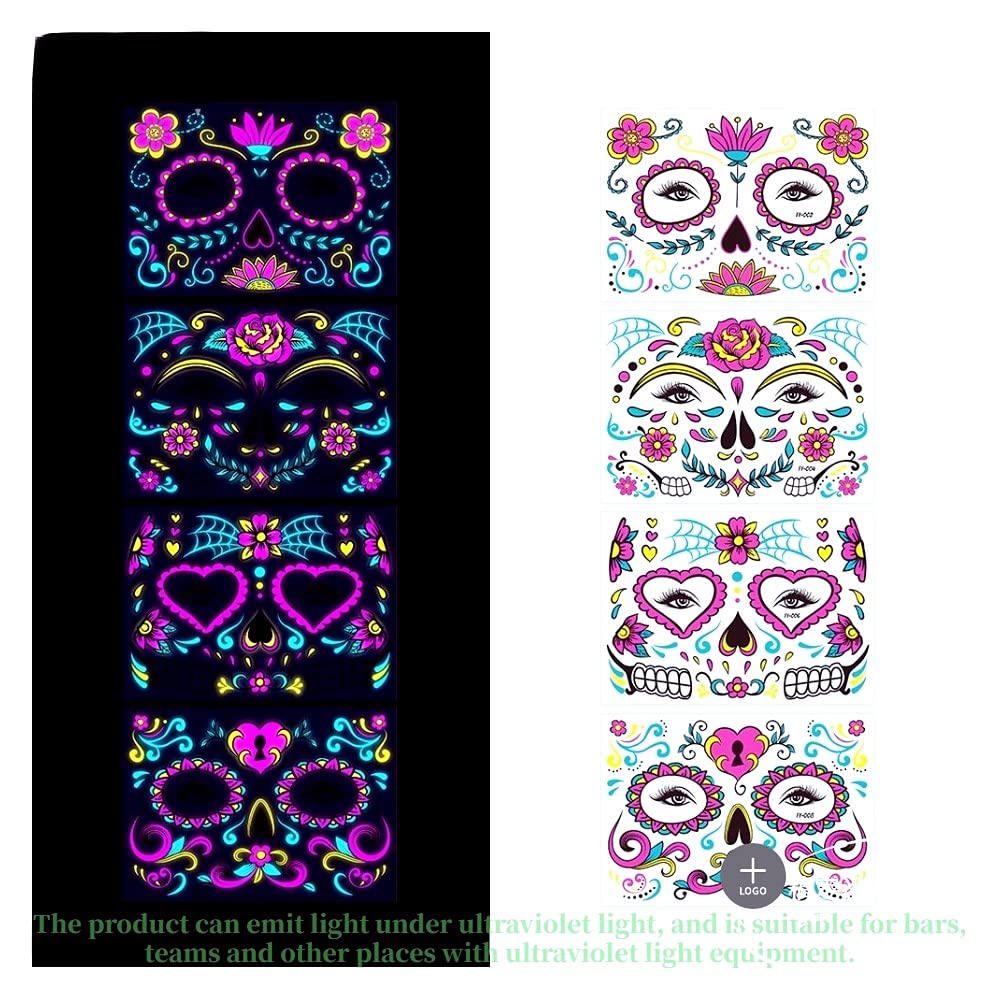 Beilingdun Halloween & Day of the Dead Sugar Skull Glowing Temporary Face Tattoos (8 Packs),Roses Spider Net and Floral Black Skeleton Web Red Roses Full Face Mask Tattoo for the halloween &Night Party