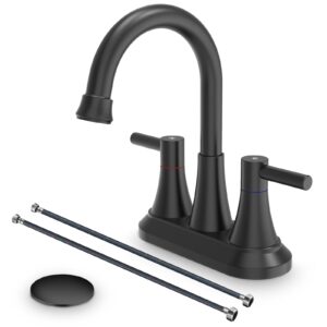 gomylifer matte black bathroom sink faucet with 360° swivel spout, lead-free stainless steel construction, 3 hole centerset 2-handle bathroom faucet with pop up drain and supply hoses included