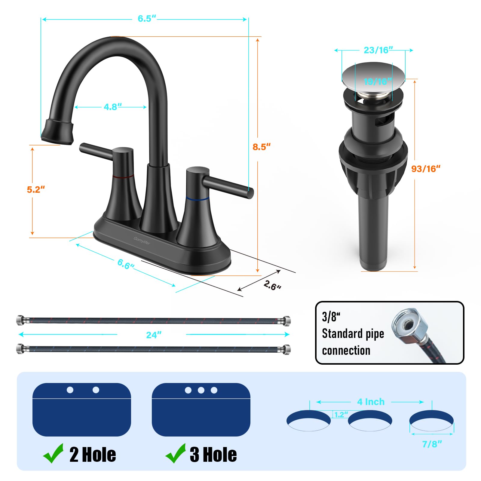 Gomylifer Matte Black Bathroom Sink Faucet with 360° Swivel Spout, Lead-Free Stainless Steel Construction, 3 Hole Centerset 2-Handle Bathroom Faucet with Pop Up Drain and Supply Hoses Included