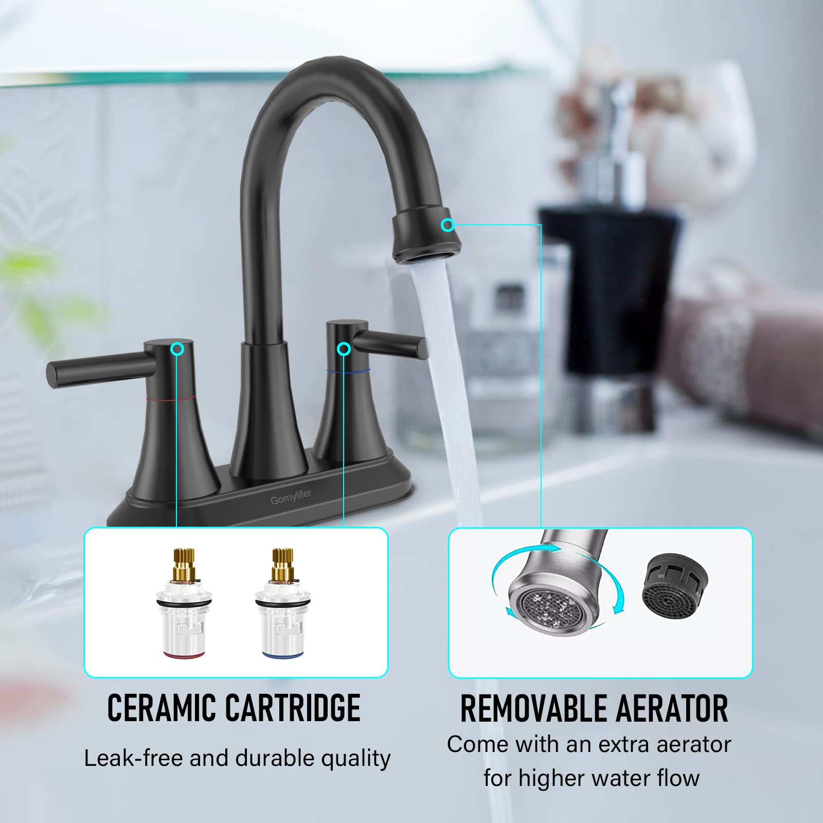 Gomylifer Matte Black Bathroom Sink Faucet with 360° Swivel Spout, Lead-Free Stainless Steel Construction, 3 Hole Centerset 2-Handle Bathroom Faucet with Pop Up Drain and Supply Hoses Included