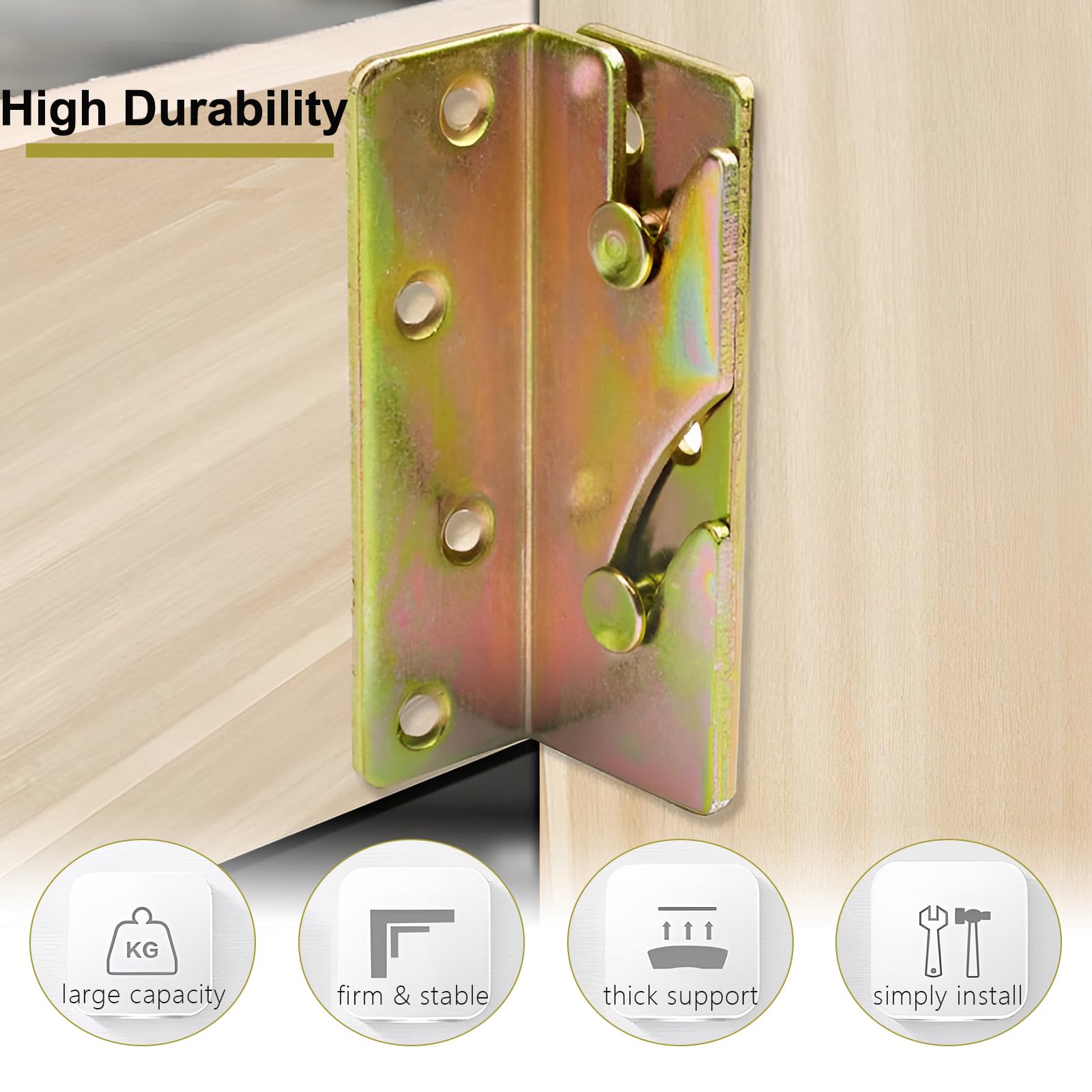 Rockgoya Bed Rail Brackets, Bed Frame Hardware, Set of 4 Wooden Bed Brackets with Screws, Bed Rail Fittings, Heavy Duty Non-Mortise