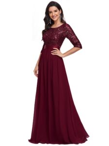 ever-pretty women's elegant a line crew neck half sleeve sequin maxi evening dress burgundy us24