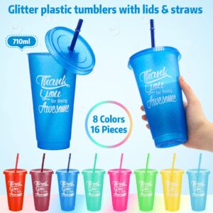 Sieral Tumbler with Straw and Lid Thank You Cups 24 oz Reusable Plastic Cups Iced Coffee Water Bottle Bulk Cold Drink Travel Mug Cup Plastic Cups for Employees Party Birthday(Bright Color, 24 Pcs)