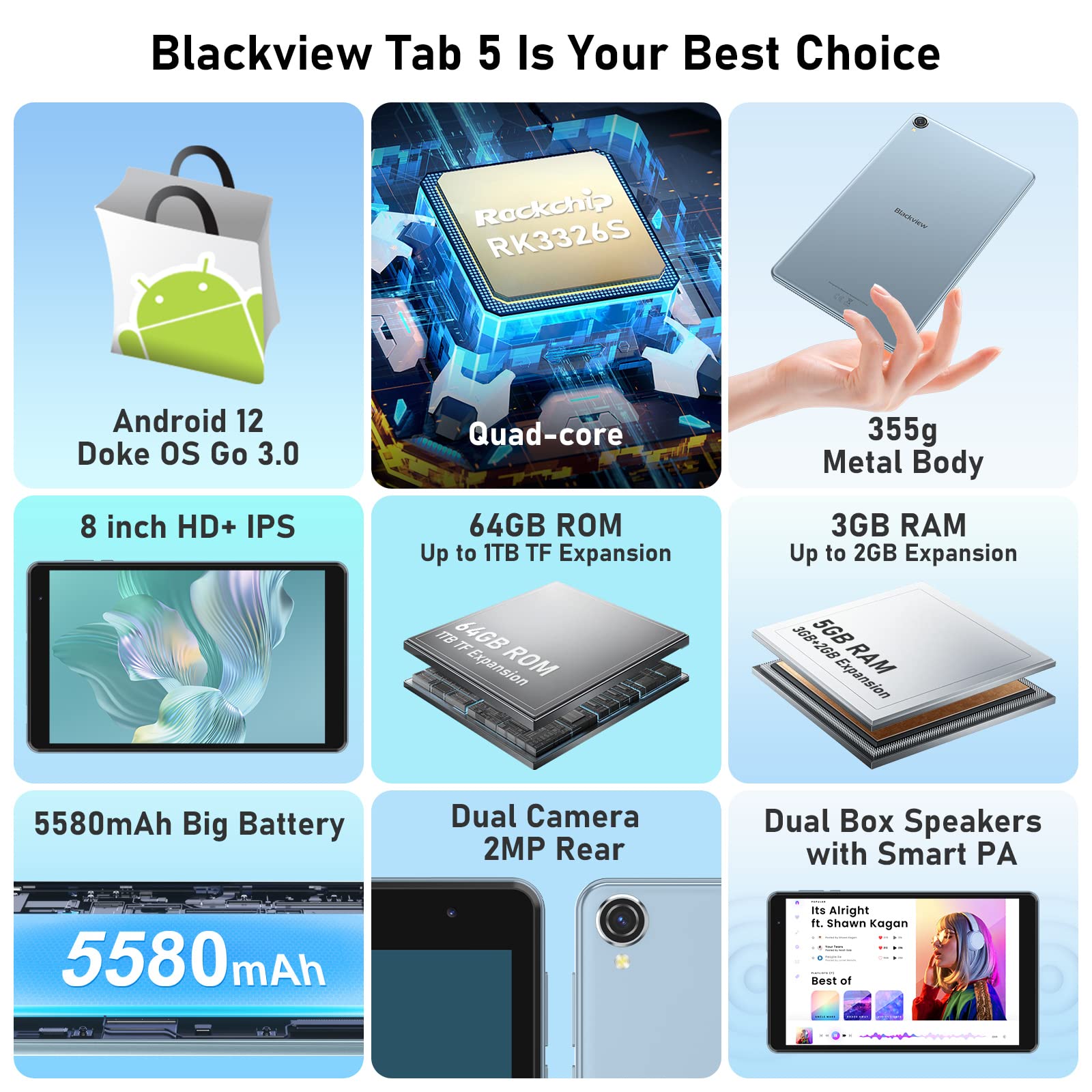 Blackview Tab 5 Tablets, 2023 Latest Tablet Android 12, Quad-Core 5GB(3+2) RAM 64GB ROM up to 1TB TF, 8 inch Tablet HD+ IPS 1280*800, Android Tablet 5580mAh Big Battery, Dual BOX Speakers WiFi, Blue