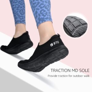 STQ Slip on Walking Shoes for Women Comfortable Nurse Work Shoes Memory Foam Sneakers with Arch Support All Black US 8.5