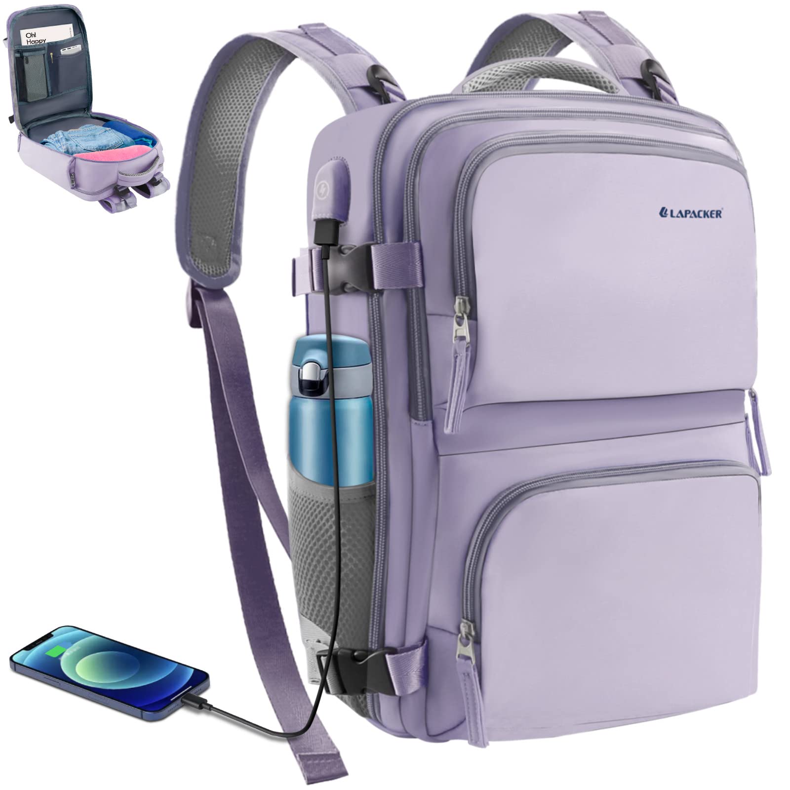 LAPACKER Travel Laptop Backpack Men Women,Business Anti Theft Carry On Backpacks with USB Charging Port Shoe Compartment Airline Approved,College Rucksack Fits 15.6 Inch Laptop & Notebook,Gray Purple