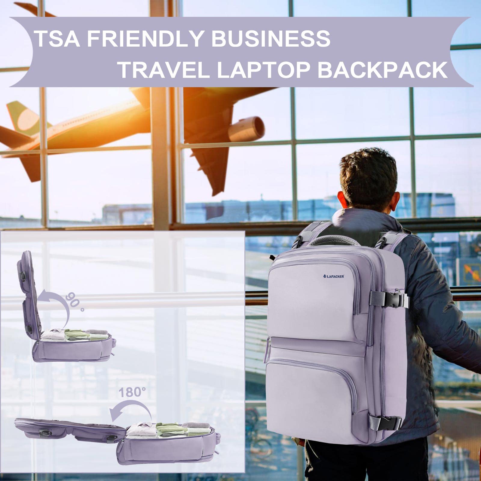 LAPACKER Travel Laptop Backpack Men Women,Business Anti Theft Carry On Backpacks with USB Charging Port Shoe Compartment Airline Approved,College Rucksack Fits 15.6 Inch Laptop & Notebook,Gray Purple