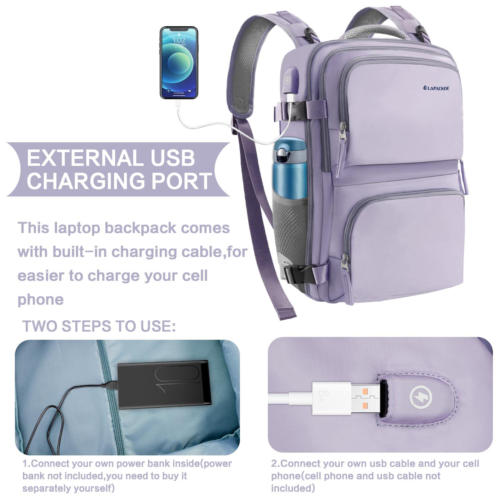 LAPACKER Travel Laptop Backpack Men Women,Business Anti Theft Carry On Backpacks with USB Charging Port Shoe Compartment Airline Approved,College Rucksack Fits 15.6 Inch Laptop & Notebook,Gray Purple