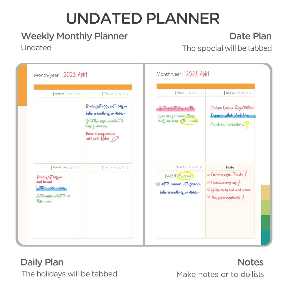 Undated Academic Weekly and Monthly Planner for 2023, 2024 and 2025, 5.75"x 8.2" 12 Month Spiral Planner with Tabs, Thick Paper, Twin-Wire Binding, Inner Pocket, 4 Sheets Stickers Rainbows