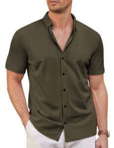 coofandy mens shirt dress button up wrinkle free casual slim fit, army green, medium, short sleeve