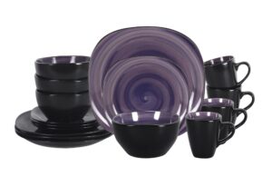 homevss, stoneware square 16pc dinnerware set, inside spinwash swirl purple + outside black
