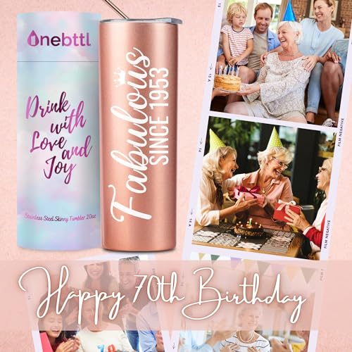 Onebttl 70th Birthday Gifts for Women, 70 & Fabulous, 70th Birthday Gift Idea for Women, Coworker, Friends, Mom, 70th Bday Gifts, Stainless Steel Tumbler 20oz - 1953 Birthday Gifts for Women