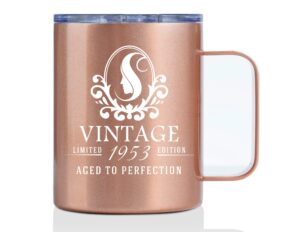 onebttl 71th birthday gifts for women, 1953 birthday gifts, vintage 1953 age to perfection, 71th birthday, 12oz insulated stainless steel wine tumbler, rose gold