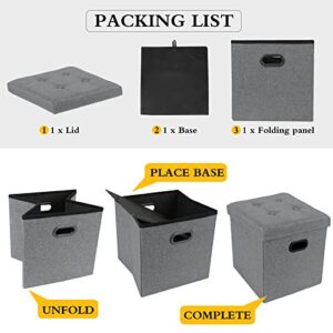 Babion 15 Inches Storage Ottoman Cube, Footrest Stool with Metal Hole Handles& Lid, Folding Storage Ottoman, Box Chest with Foam Padded Seat, Cube Ottoman with Storage, Linen Square(Dark Grey,2pcs)