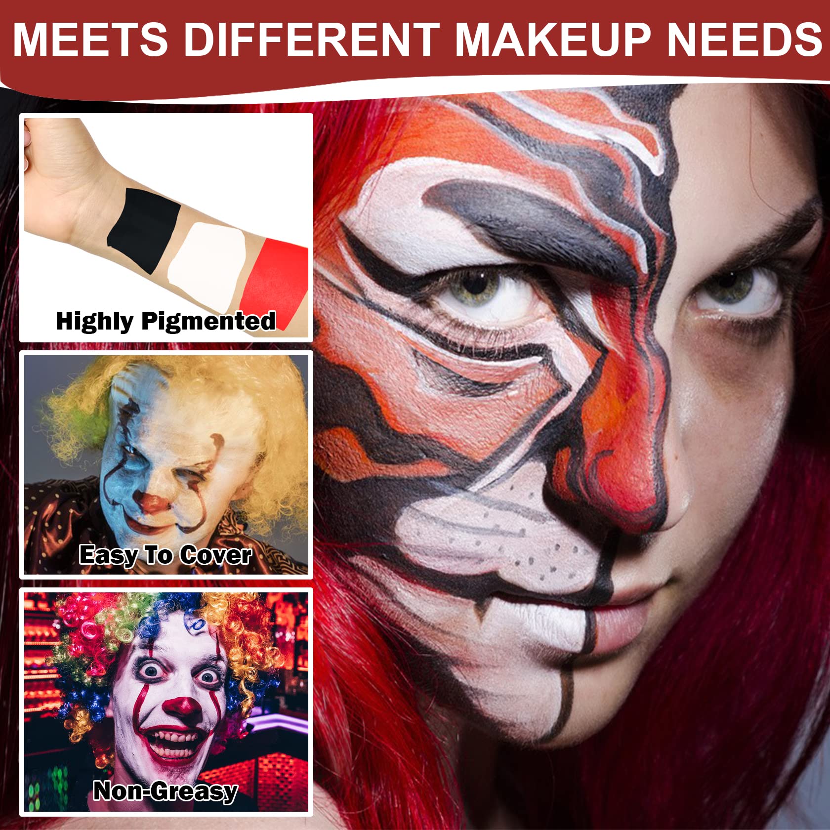 Clown Makeup Kit White Black Red Face Body Paint, Halloween Makeup Kit Face Paint for Professional Halloween Joker SFX Makeup Cosplay Vampire Eye Black Football Baseball Sports Makeup