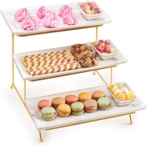 3 tier gold serving tray stand with dipping bowls - dessert and fruit platter for hosting, parties, celebrations - swiveling collapsable stackable