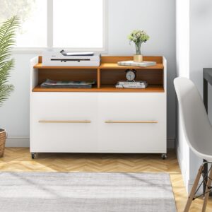 tribesigns 2 drawer file cabinet rolling filing cabinets for home office white lateral file cabinet wood file cabinet for letter size, printer stand with rolling wheel and open storage shelves
