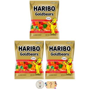 haribo gummi candy - soft & chewy delicious gummies, (pack of 3) share size peg bags + bonus mystery candy (5 oz, gold bears)