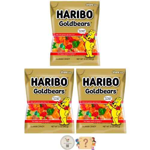 Haribo Gummi Candy - Soft & Chewy Delicious Gummies, (Pack of 3) Share Size Peg Bags + Bonus Mystery Candy (5 oz, Gold Bears)