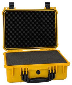 multicomp pro 17" yellow weatherproof equipment case, made of polypropylene plastic with foam insert, 16.5" x 13" x 7"