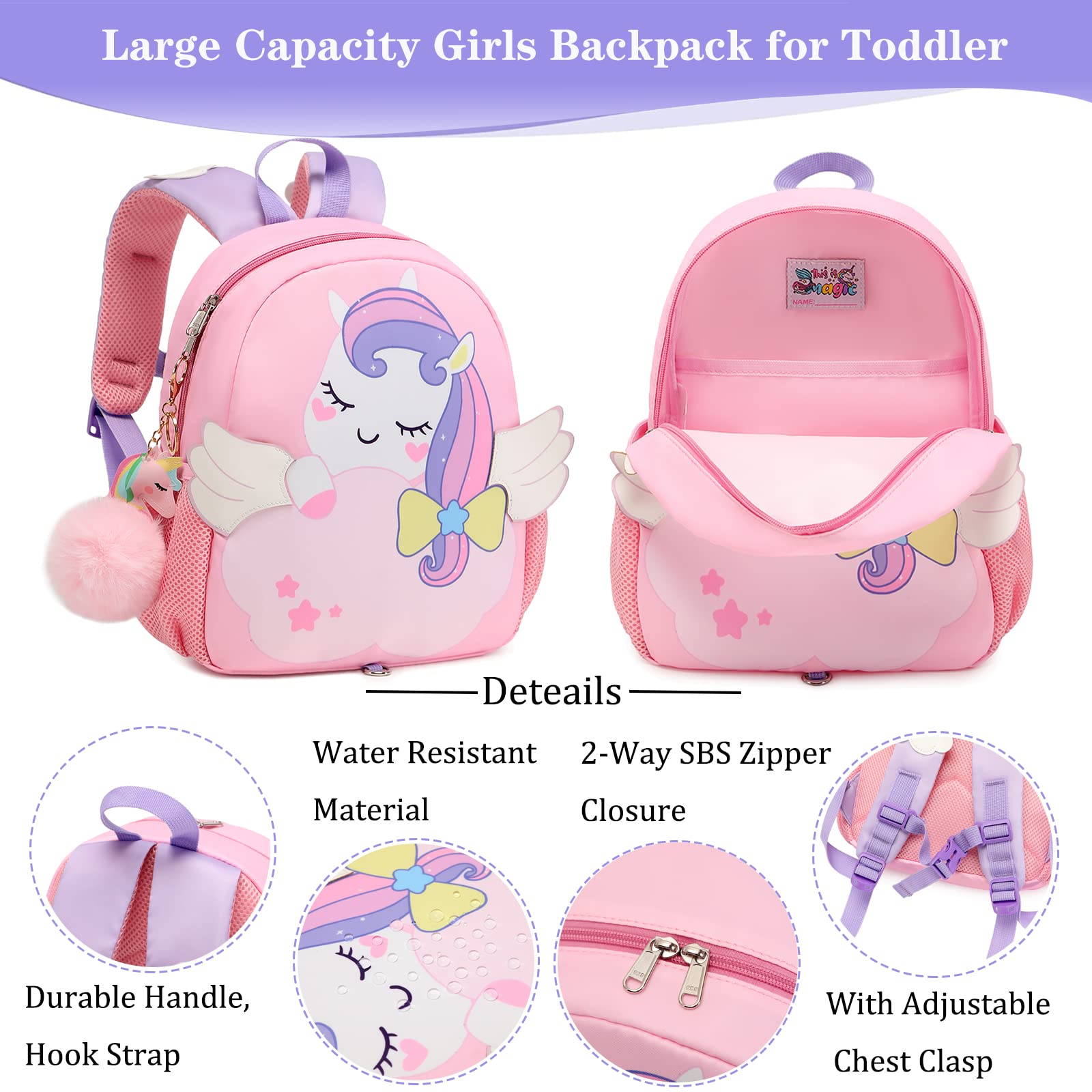 Toddler Backpack for Girls Unicorn Kids backpacks for Preschool Bookbags with Chest Strap and Anti-lost Safety Leash