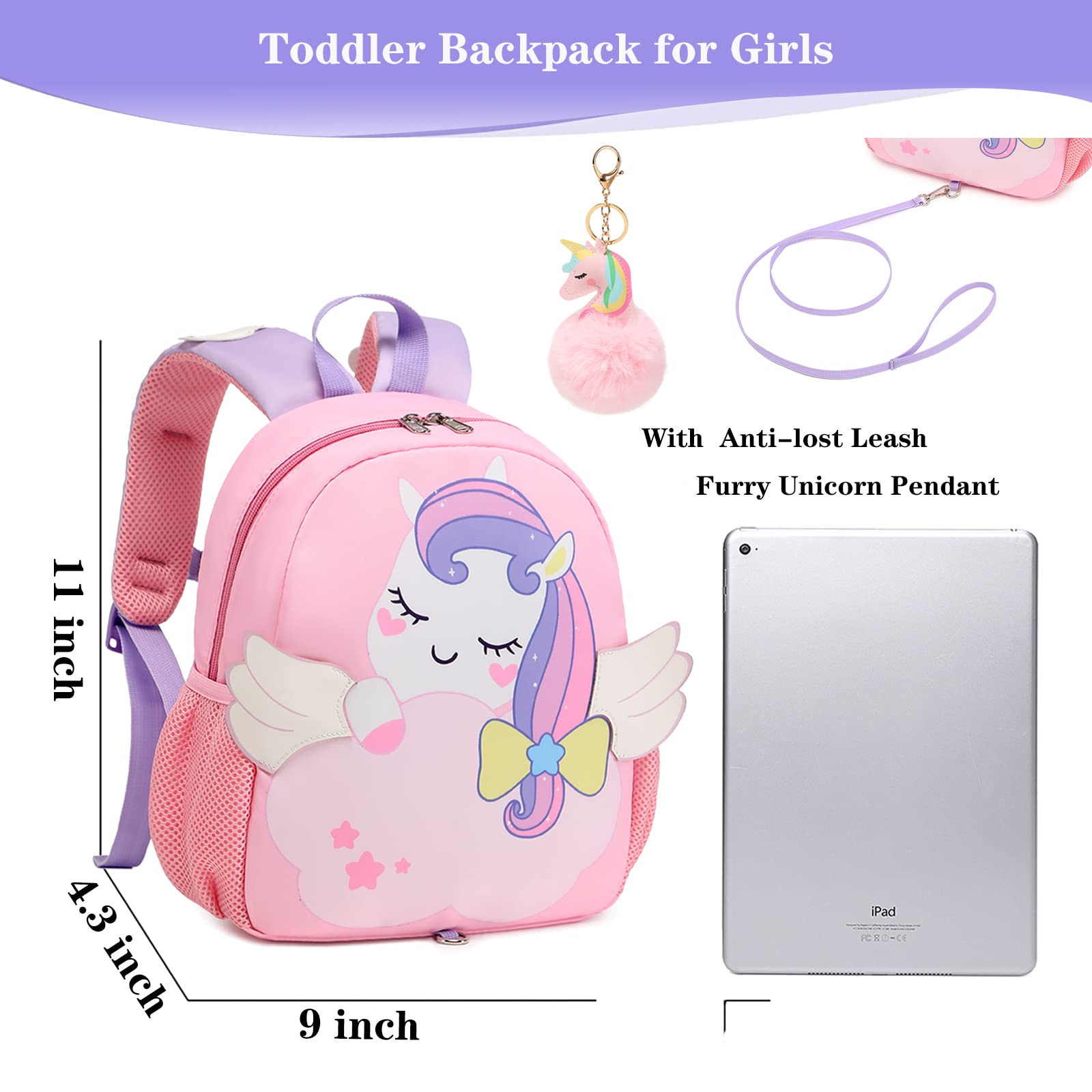 Toddler Backpack for Girls Unicorn Kids backpacks for Preschool Bookbags with Chest Strap and Anti-lost Safety Leash