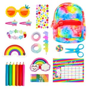 18 inch girl doll clothes and accessories school supplies playset with doll school bags, sunglasses, bracelet, scissors, eraser, pencils, pencil sharpener, notebooks, phone, hair clip