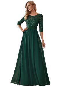 ever-pretty women's elegant a line crew neck half sleeve sequin maxi evening dress dark green us14