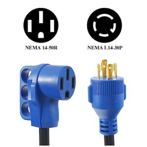 30 Amp to 50 Amp RV Adapter,Generator Plug 4 Prong 30 Amp Power to 50 Amp RV,NEMA L14-30P to 14-50R RV Electrical Cord Adapter,Plug Adapter Load Up to 30 Amp 250V 7500W 10/3 AWG 12 inch(4 Prong30M50F)