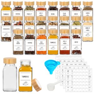 24 pcs glass spice jars with airtight bamboo lids, 6oz 180ml empty square seasoning bottles containers with shaker lids, labels, measuring spoon& silicone funnel good for spice rack cabinet drawer
