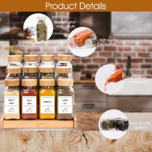 24 Pcs Glass Spice Jars with Airtight Bamboo Lids, 6oz 180ml Empty Square Seasoning Bottles Containers with Shaker Lids, Labels, Measuring Spoon& Silicone Funnel Good for Spice Rack Cabinet Drawer