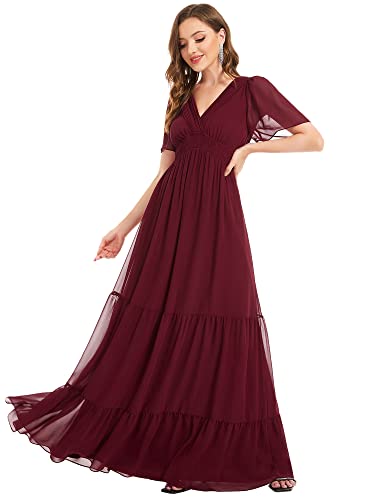 Ever-Pretty Women's Chiffon V Neck Back Lace up Short Sleeves Pleated Maxi Bridesmaid Dress Burgundy US10