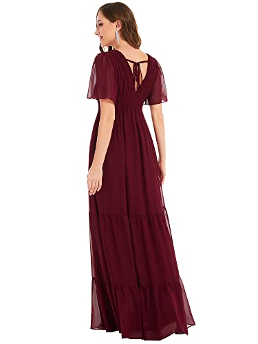 Ever-Pretty Women's Chiffon V Neck Back Lace up Short Sleeves Pleated Maxi Bridesmaid Dress Burgundy US10