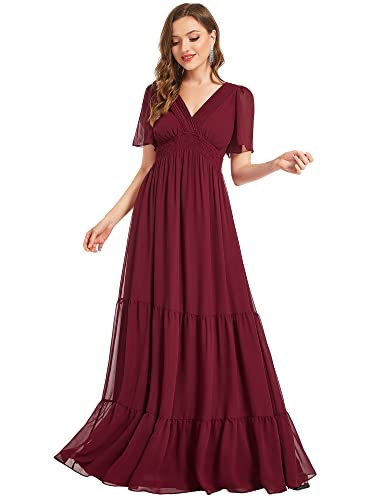 Ever-Pretty Women's Chiffon V Neck Back Lace up Short Sleeves Pleated Maxi Bridesmaid Dress Burgundy US10