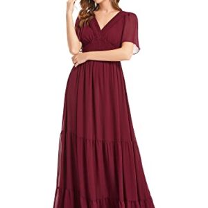 Ever-Pretty Women's Chiffon V Neck Back Lace up Short Sleeves Pleated Maxi Bridesmaid Dress Burgundy US10