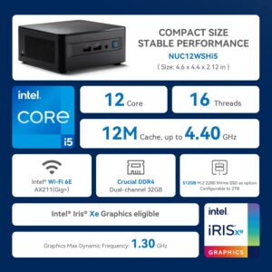 Intel NUC Mini PC 12th Gen Core i5-1240P 32GB DDR4 RAM, 512GB M.2 SSD, Pre-in Windows 11 Pro Gaming Desktop Computer, HIDM 2.0, USB 3.2, WiFi 6, Thunderbolt 4, black, Intel NUC 12 Pro 1240P