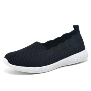 puxowe women's slip on wide walking flat shoes-comfortable low-top knit width loafer sneaker black size 9 us