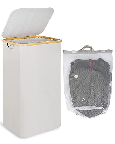 efluky Large Laundry Basket with Lid, 100L Tall Laundry Basket with Bamboo Handles for Clothes and Toys, Collapsible Laundry Hamper with Inner Bag for Bedroom and Bathroom, Light Grey