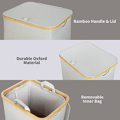 efluky Large Laundry Basket with Lid, 100L Tall Laundry Basket with Bamboo Handles for Clothes and Toys, Collapsible Laundry Hamper with Inner Bag for Bedroom and Bathroom, Light Grey