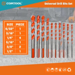 Masonry Drill Bits Set for Tile, Brick, Cement, Concrete, Glass, Plastic, Cinder Block, Wood, Fully Ground with Carbide Tips and Storage Case (CORTOOL Brand 10-Pack)